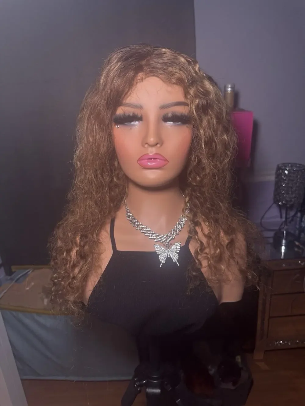 Brown Human Hair Lace Front Wig Curly with Highlights